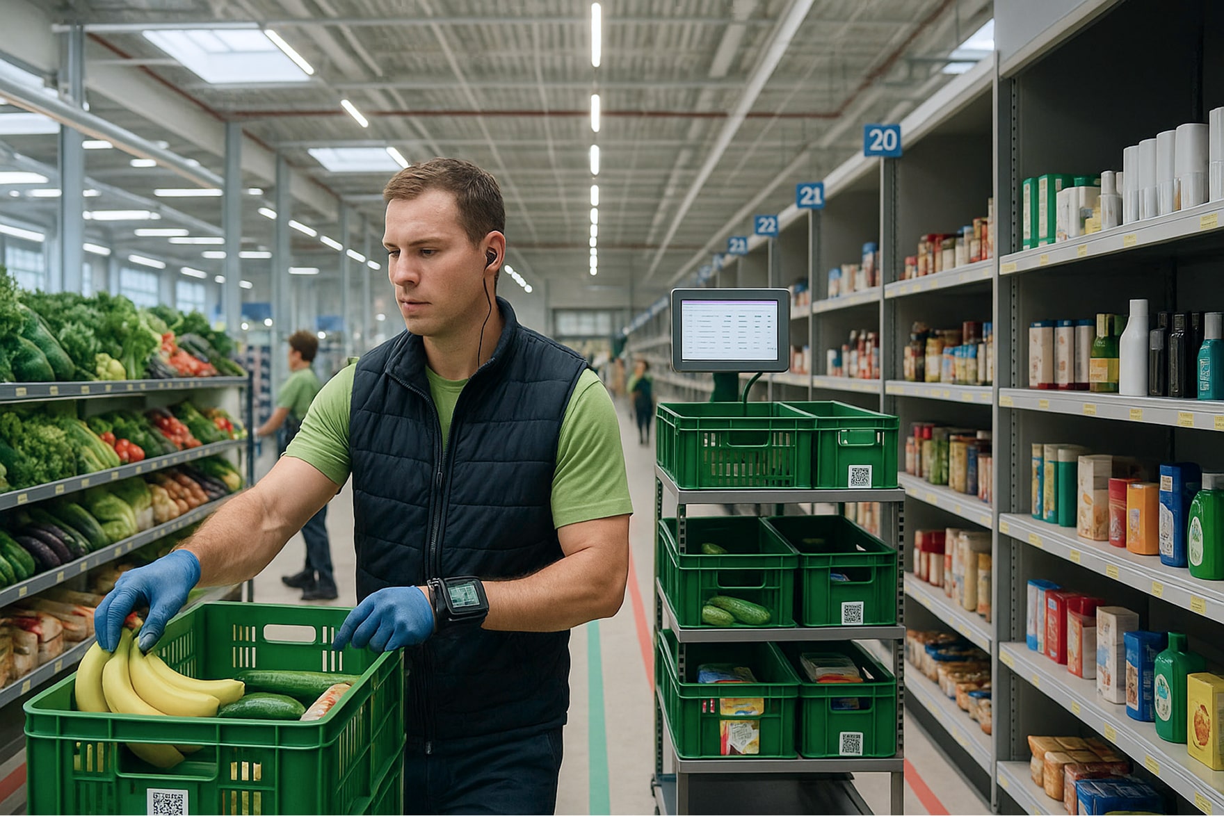 Warehouse employee picking bananas into crates in a modern grocery fulfillment center.