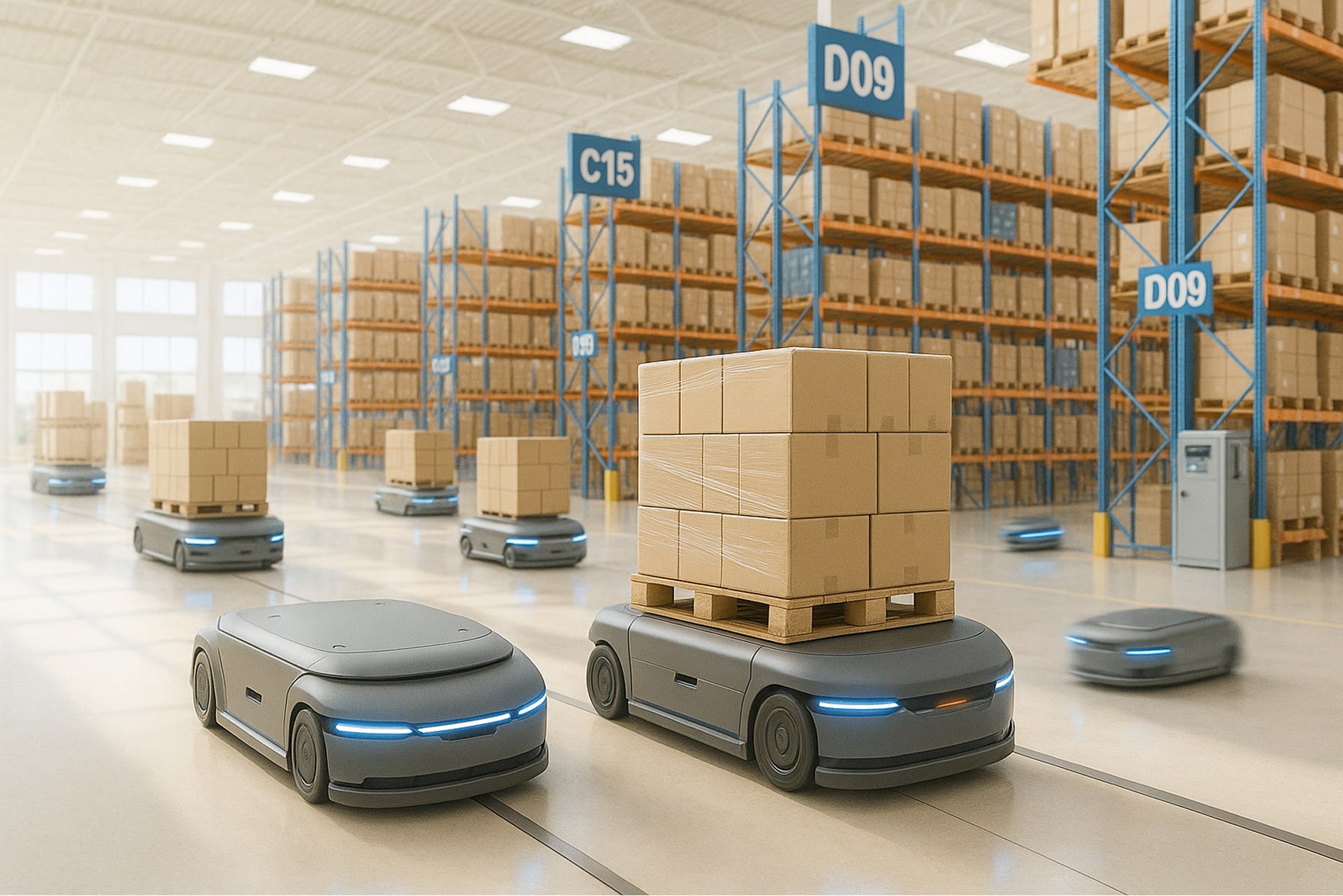 Autonomous guided vehicles transporting goods in a high-tech logistics warehouse.