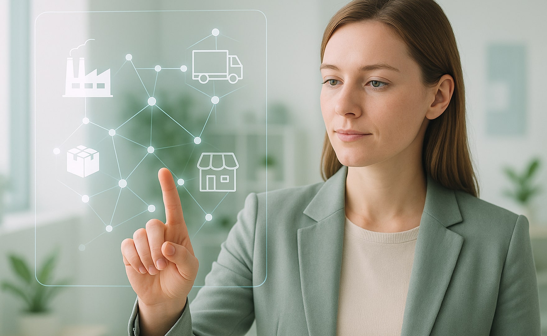 Professional woman interacting with a futuristic augmented reality interface for enterprise logistics.